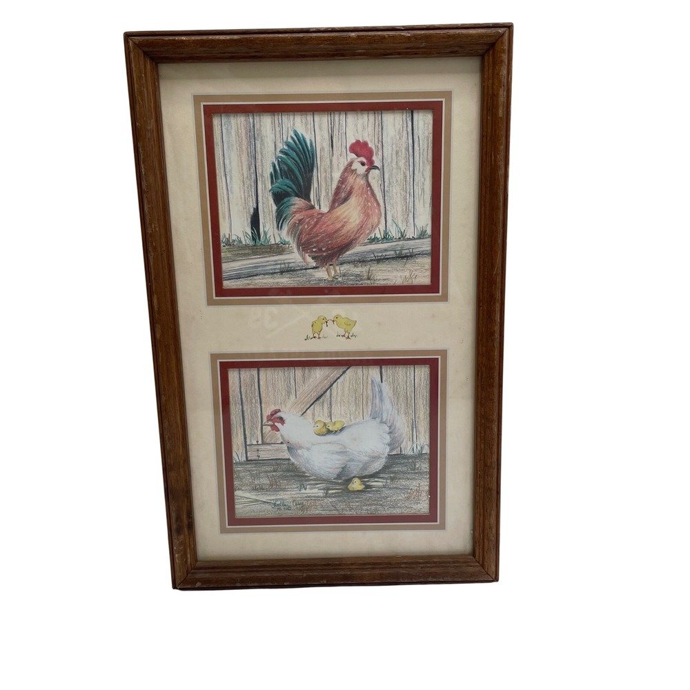 Kathleen Casey Vintage 1987 Framed Rooster and Hen Farmhouse Art 10x18 Matted